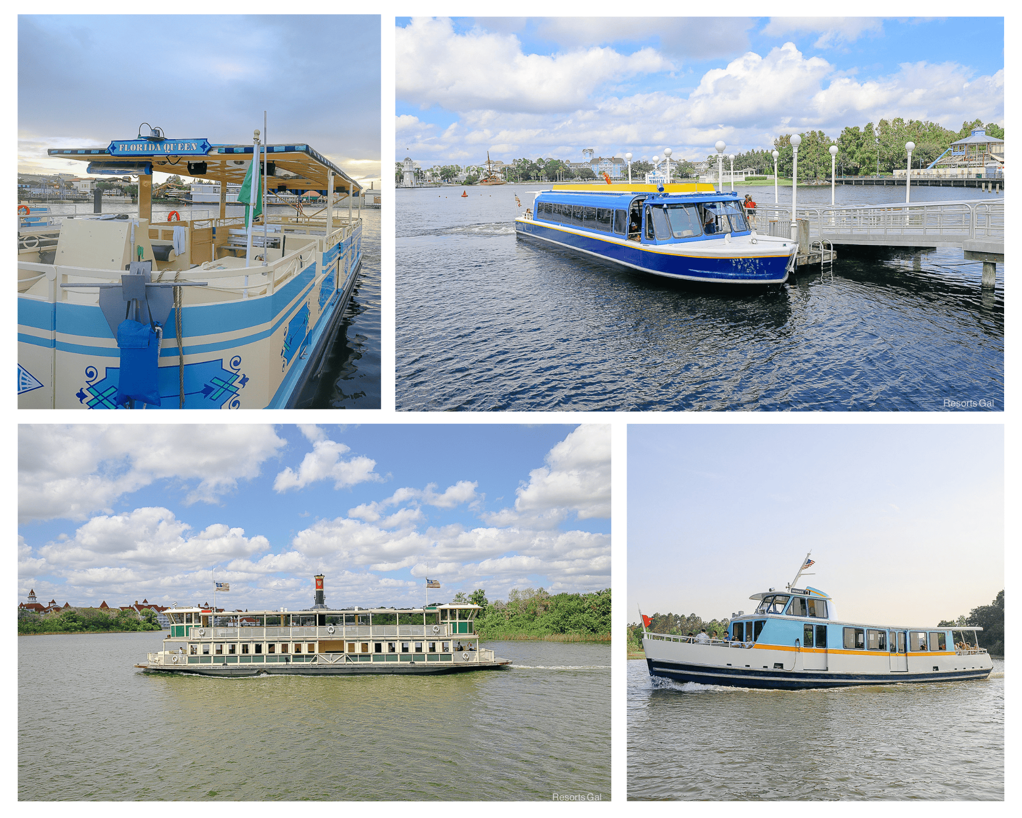 a collage with four images of various Walt Disney World water transportation vessels