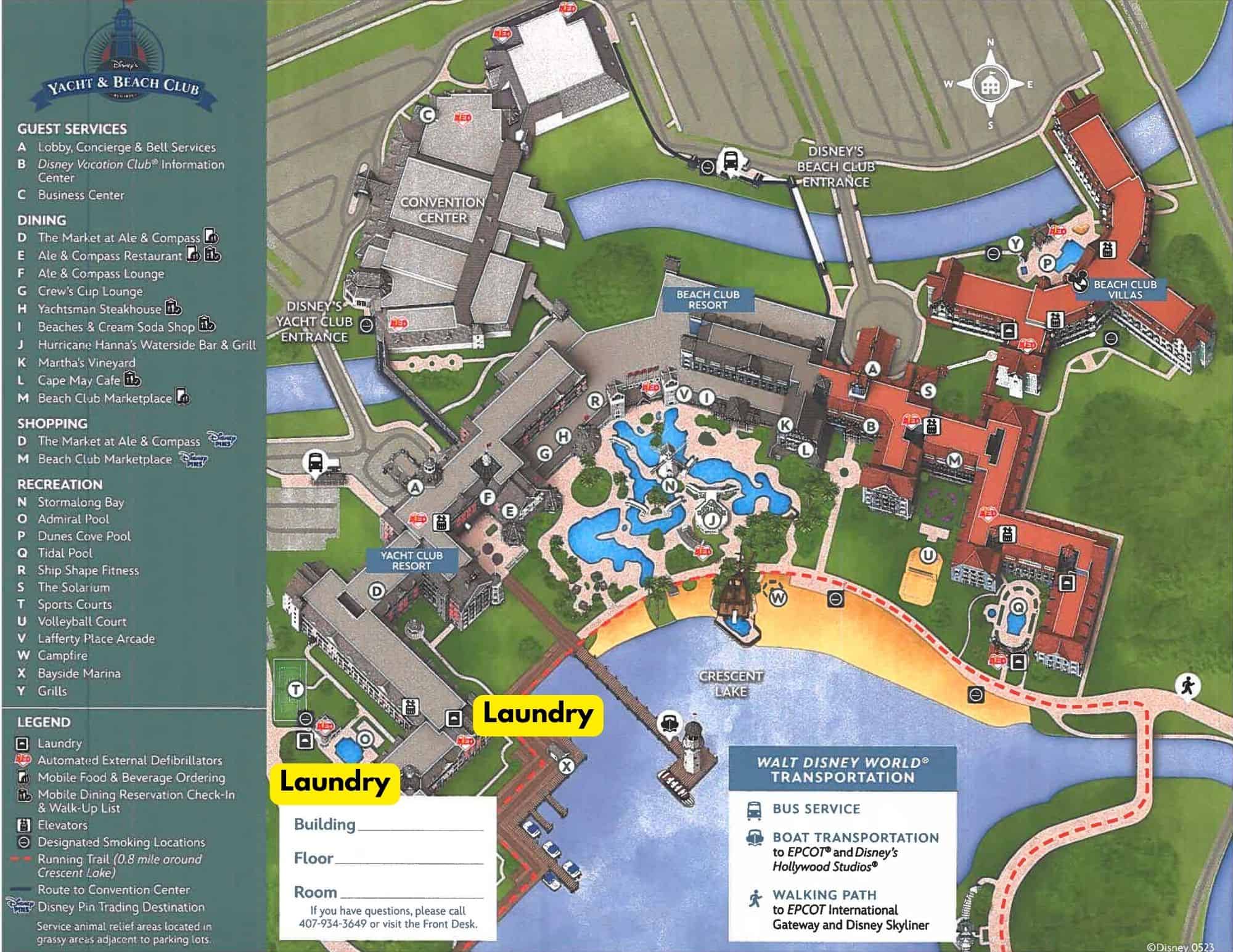 map that highlights the laundry facilities at Disney's Yacht Club 