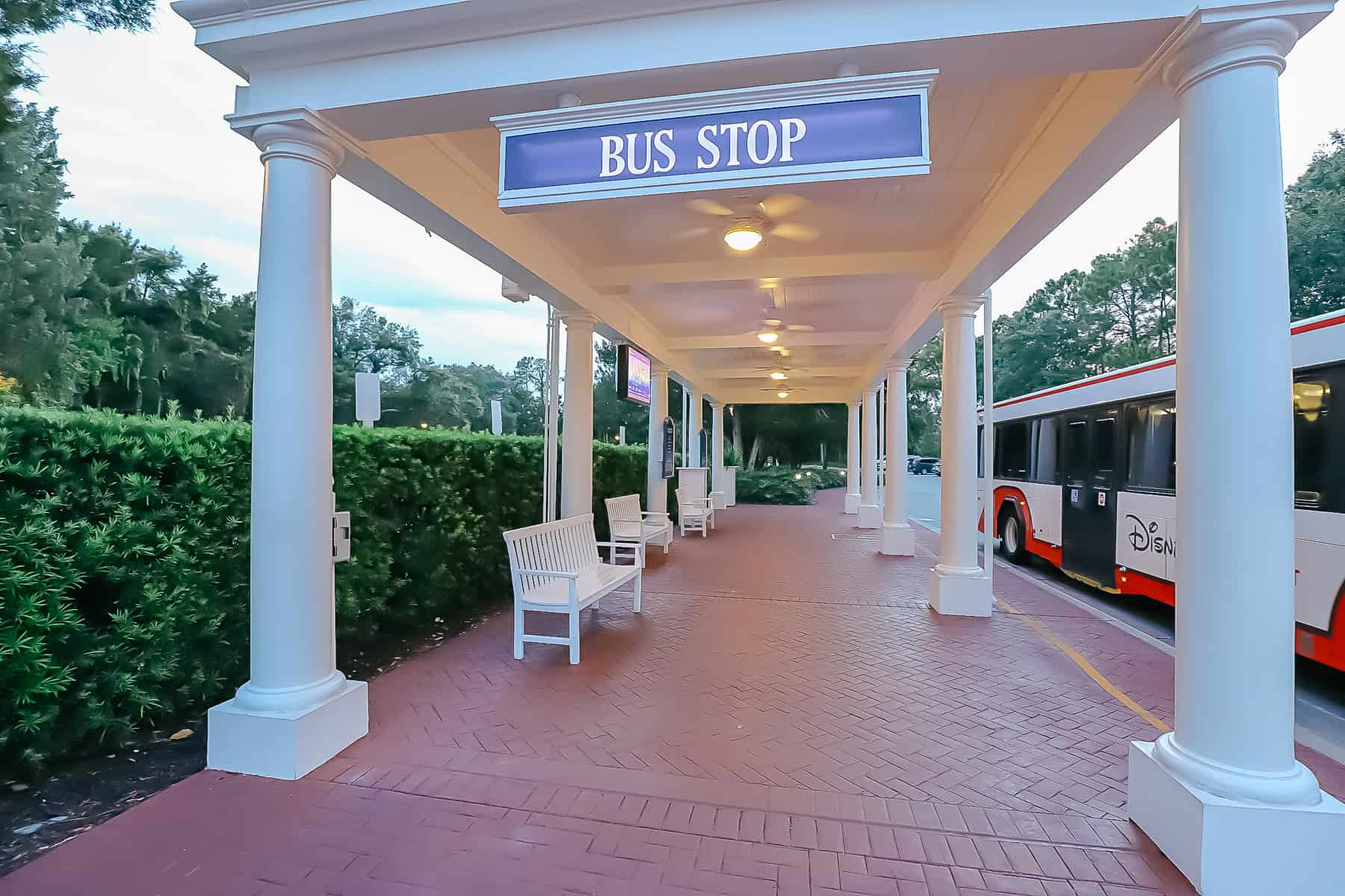 the bus stop at Disney's Yacht Club 