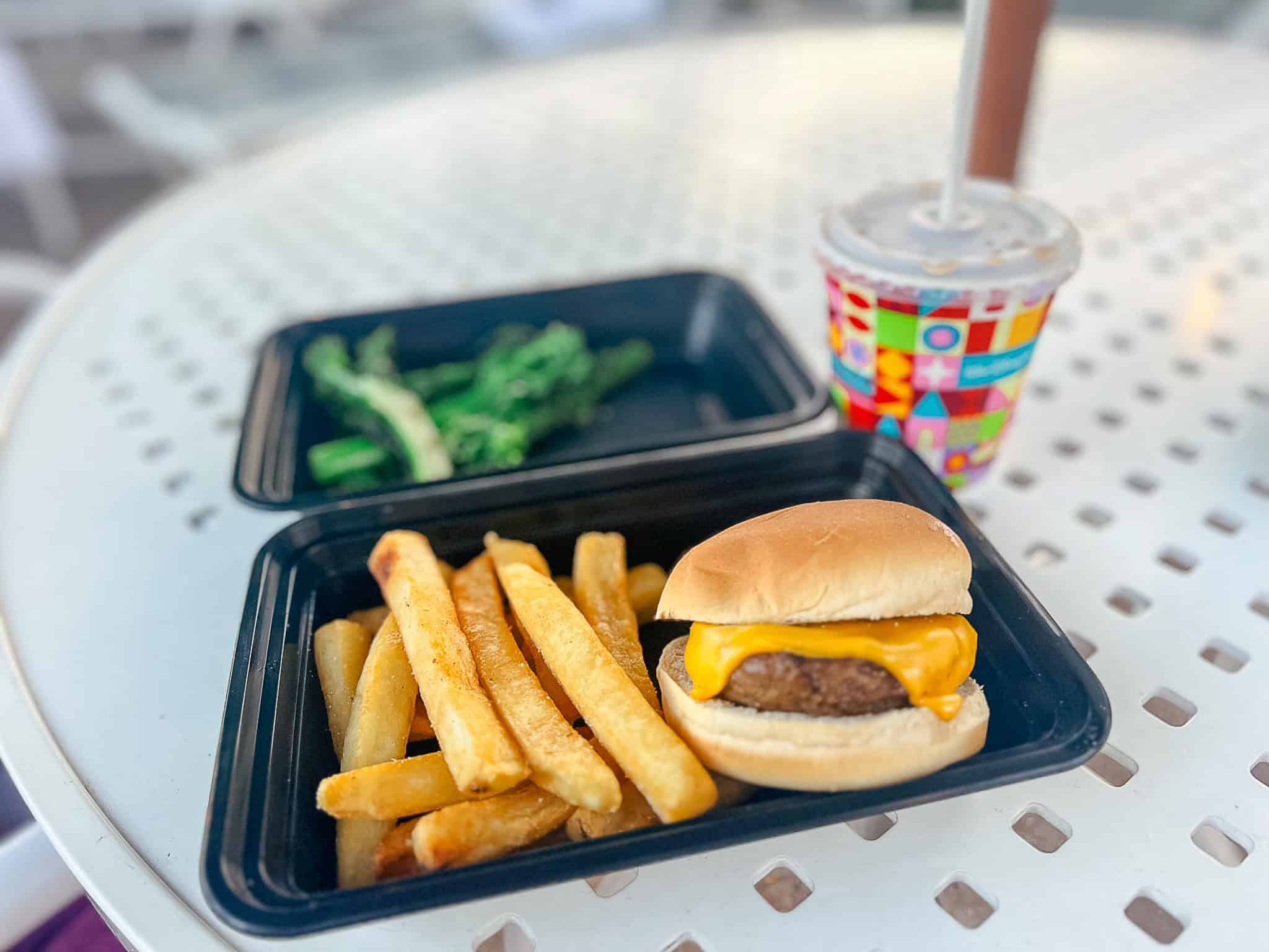 Ale and Compass Kids' Meal with sides ordered to-go and pictured at the pool. 
