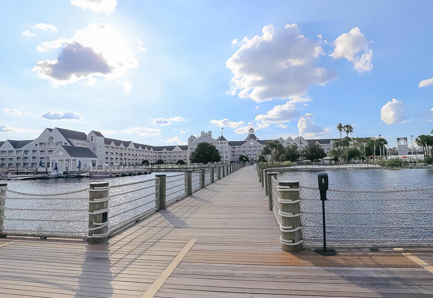 the wooden walkway to the boat dock at Disney's Yacht Club 