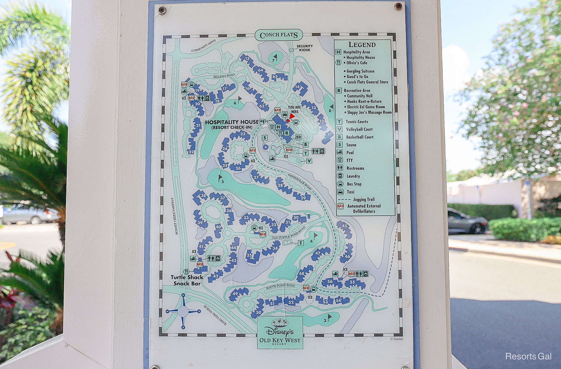 a map with legend of Disney's Old Key West that details the Hospitality House area 