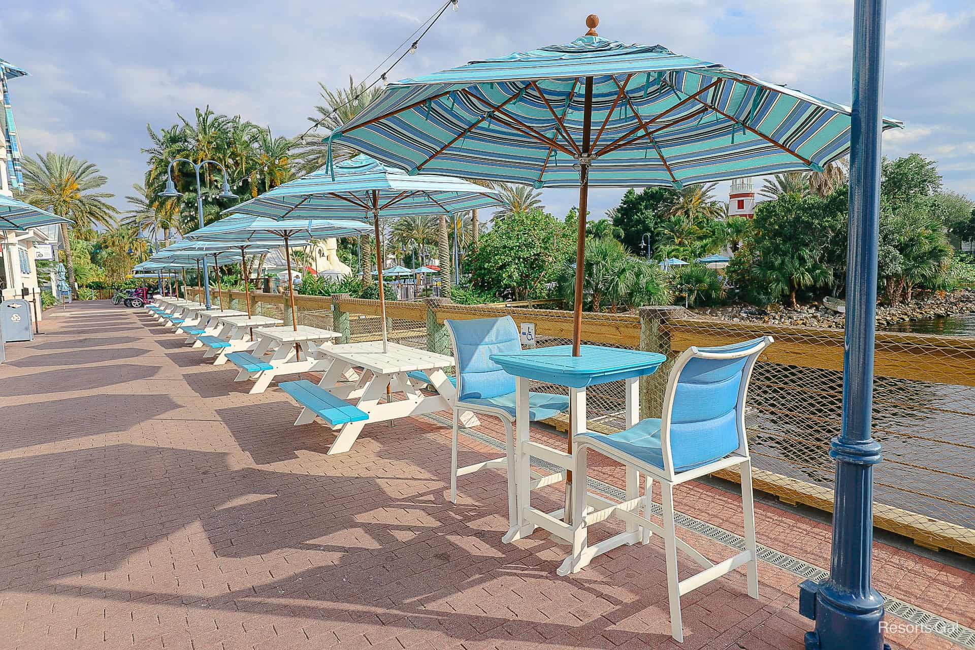 a row of picnic tables with blue-striped umbrellas 