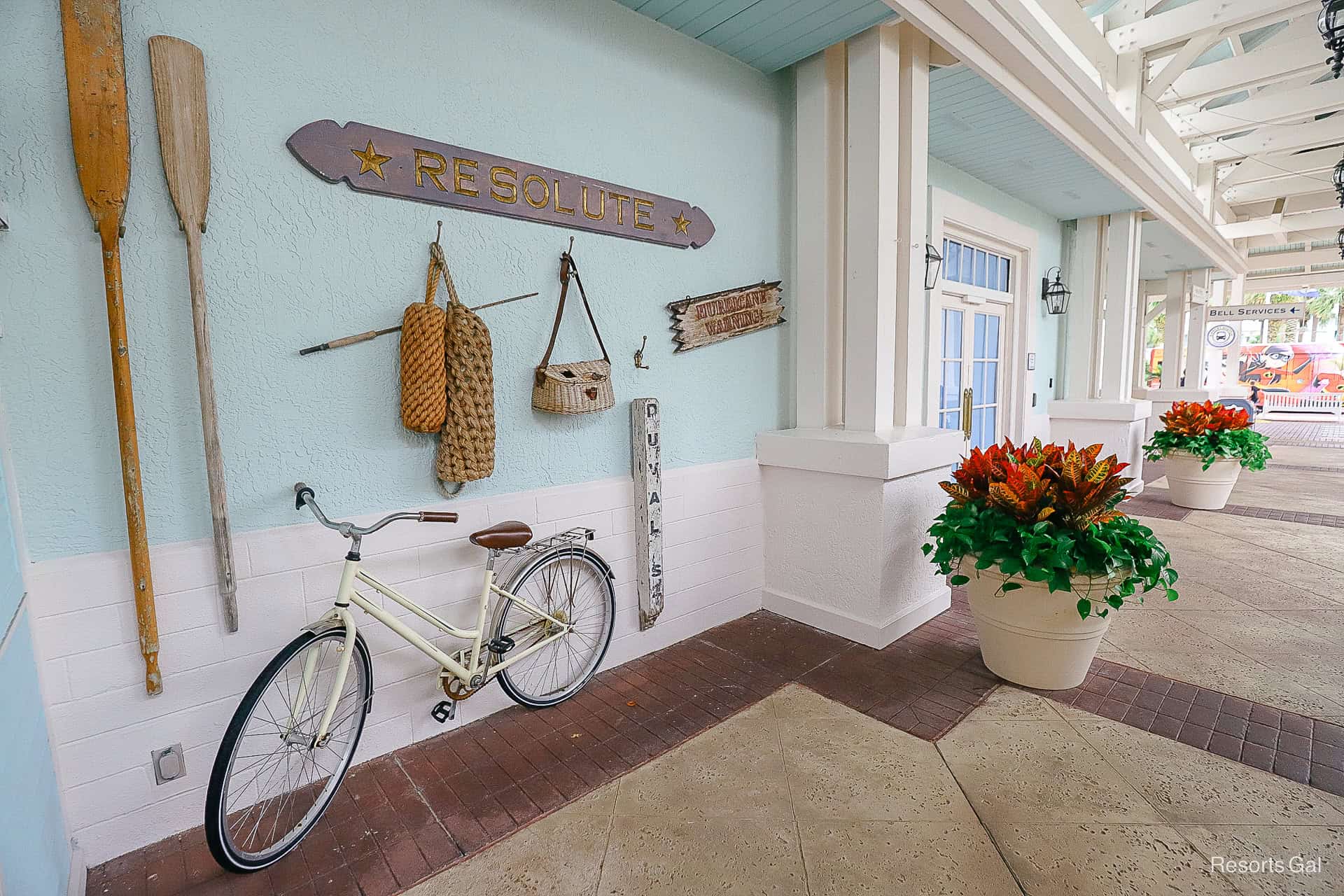 an area with potted plants and themed elements representative of the Florida Keys 