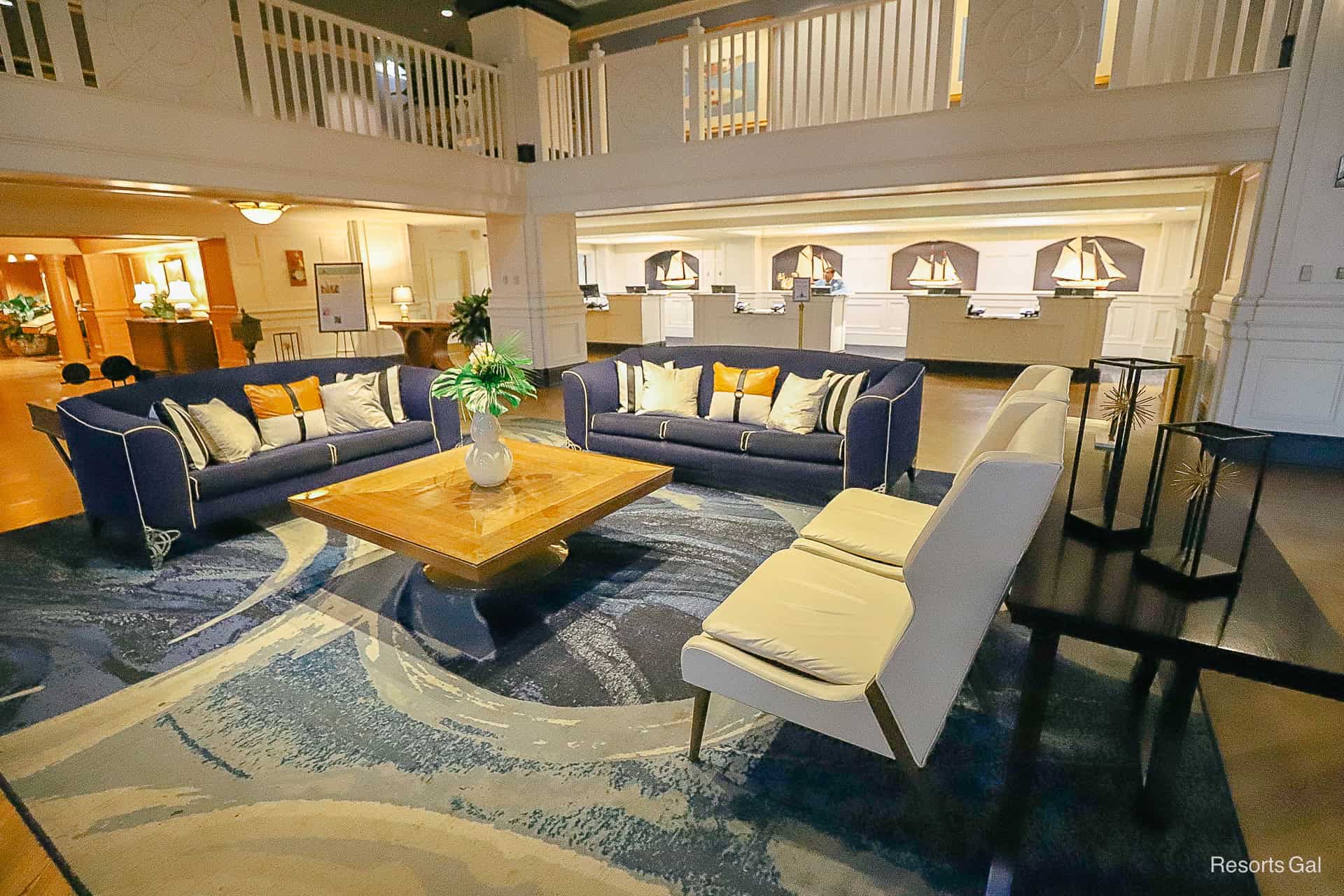 seating area with blue sofas in the lobby 