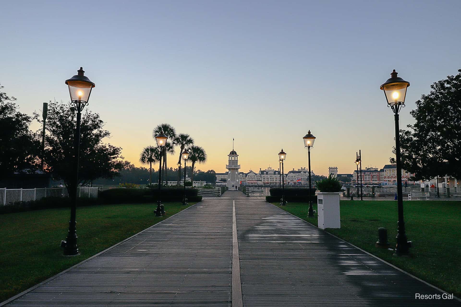 the rows of light poles lining the way to the lighthouse 