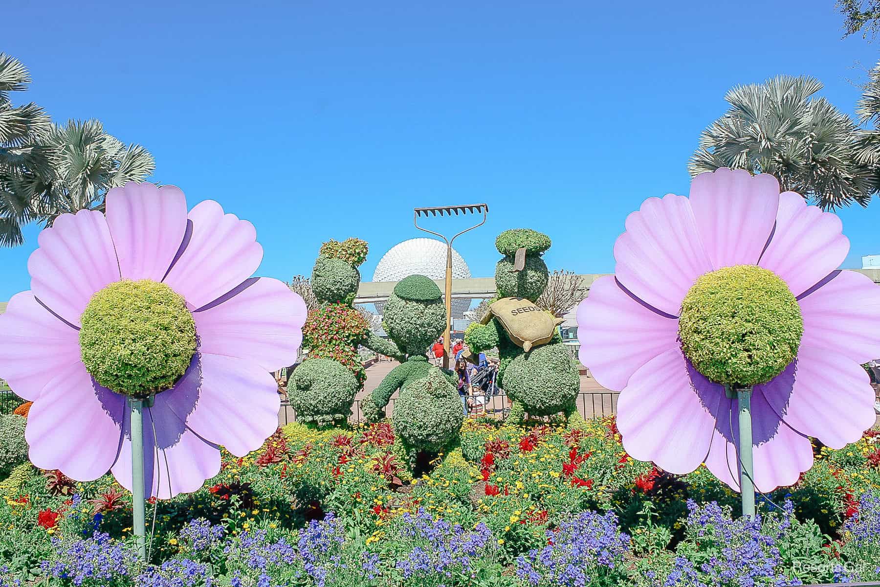 a view of the backside of the Donald Duck family in topiary form as they face Spaceship Earth 