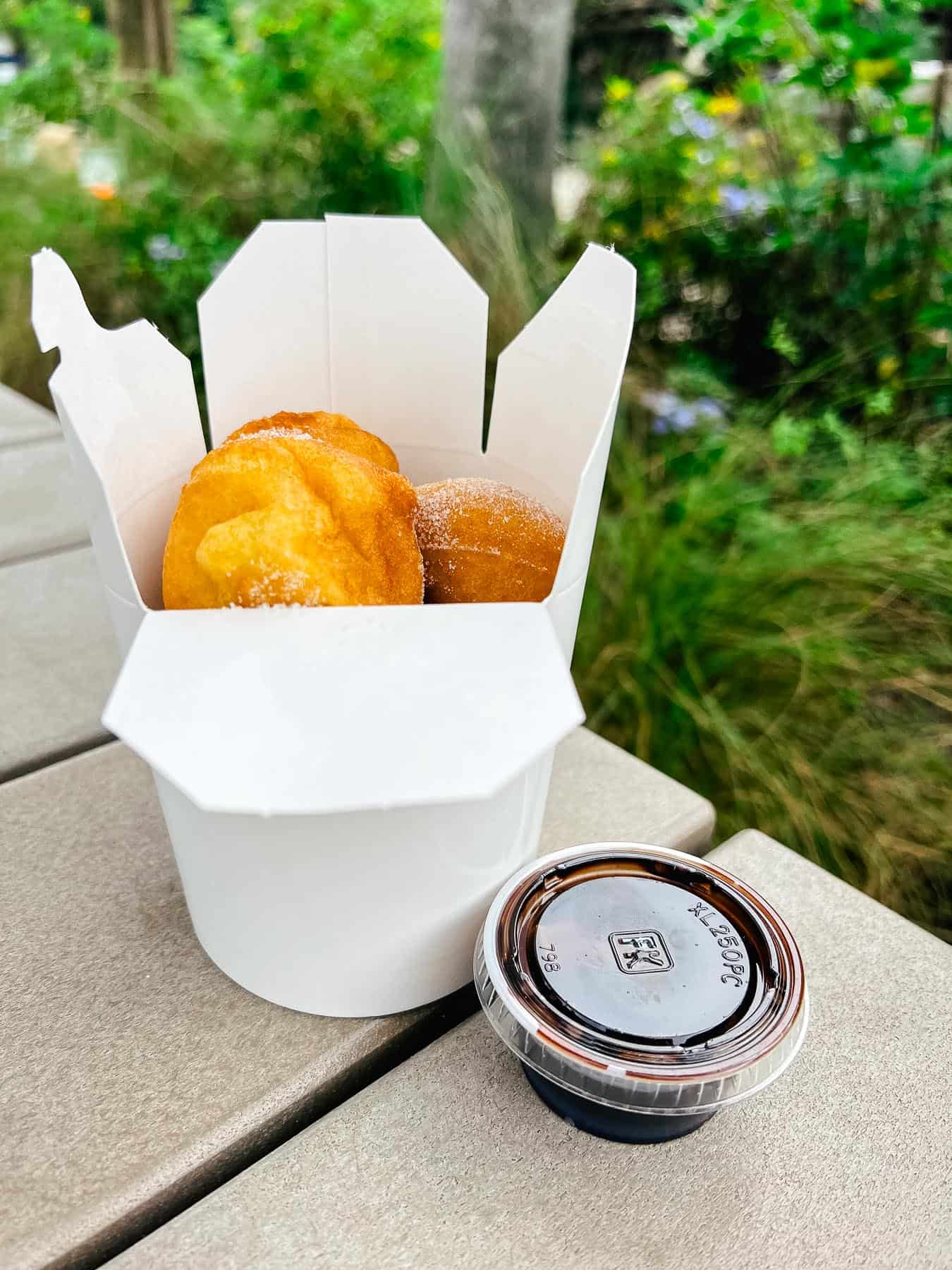 an order of mini donuts with chocolate dipping sauce from Typhoon Lagoon 