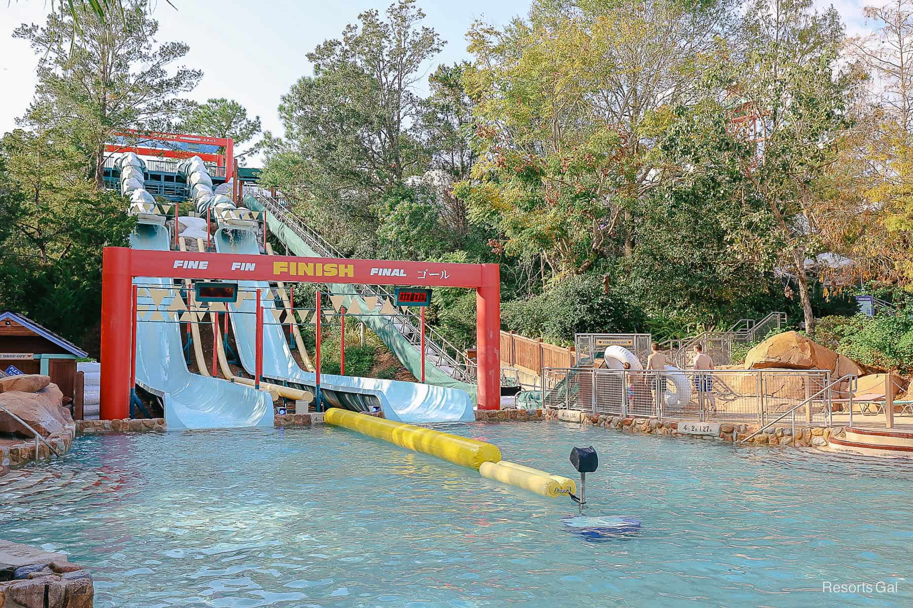 an angle view of the finish line and time stamp of the Downhill Double Dipper thrill slide 