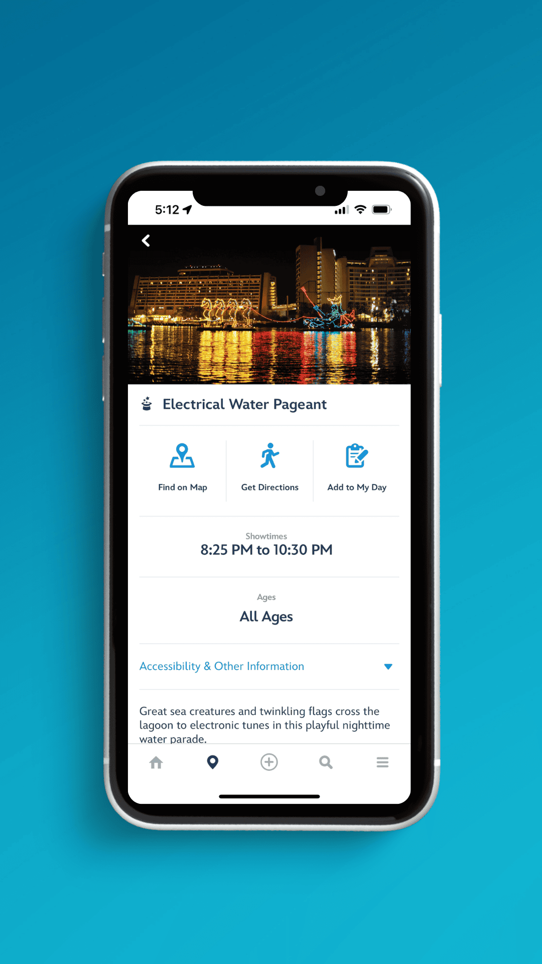 the Electrical Water Pageant main listing in the My Disney Experience app 