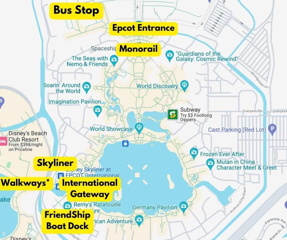 a map with the location of the bus stop at Epcot 