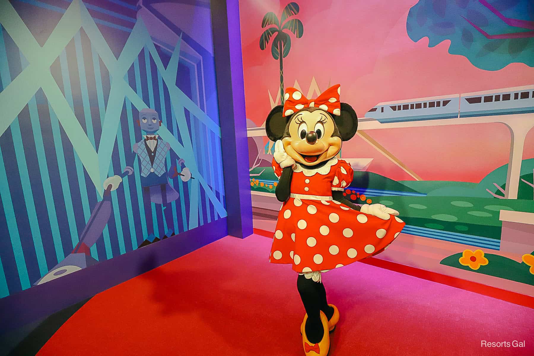 Minnie Mouse in her red and white dress at Epcot Characters meet and greet.