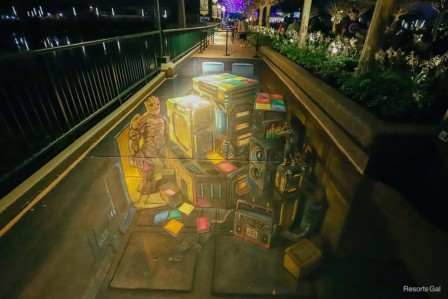 Guardians of the Galaxy 3D dimensional chalk drawing at Epcot 