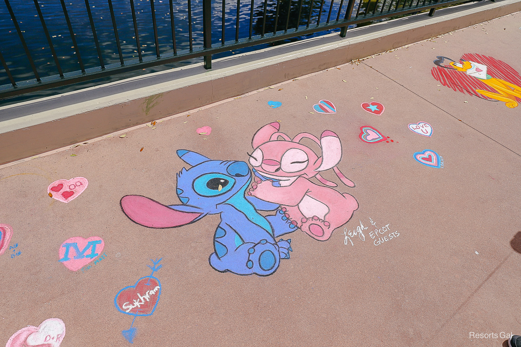 chalk art featuring Angel and Stitch 