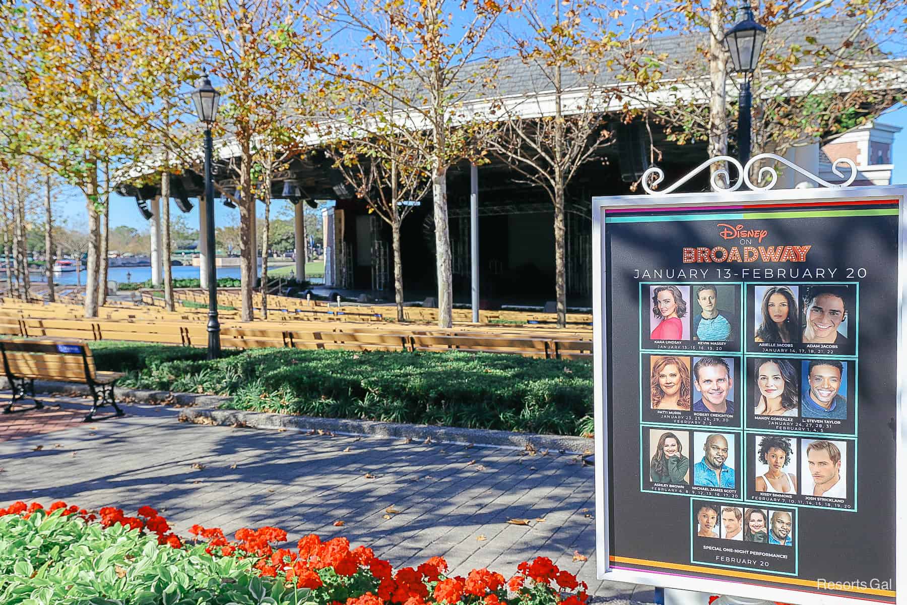 the America Gardens Theatre with a Disney on Broadway Concert lineup signage