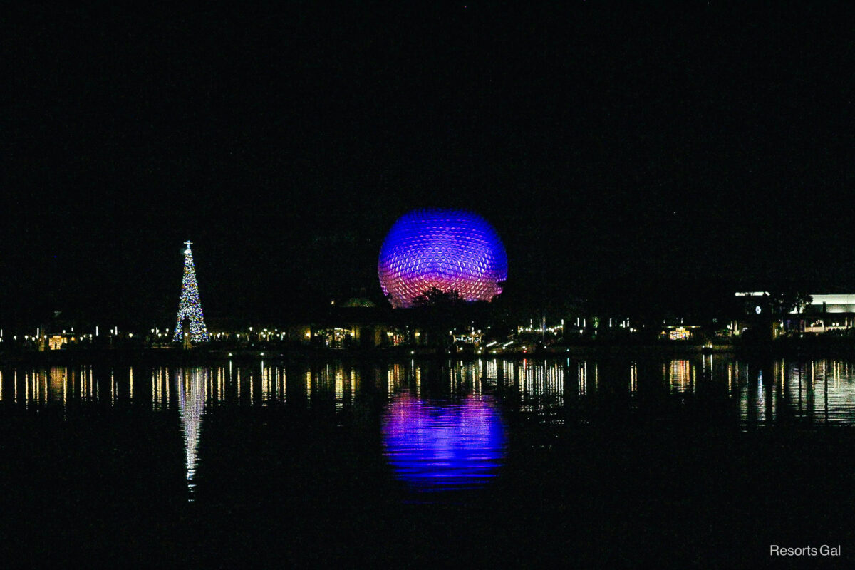 Epcot 2024 Festival of the Holidays with Christmas Tree and Spaceship Earth