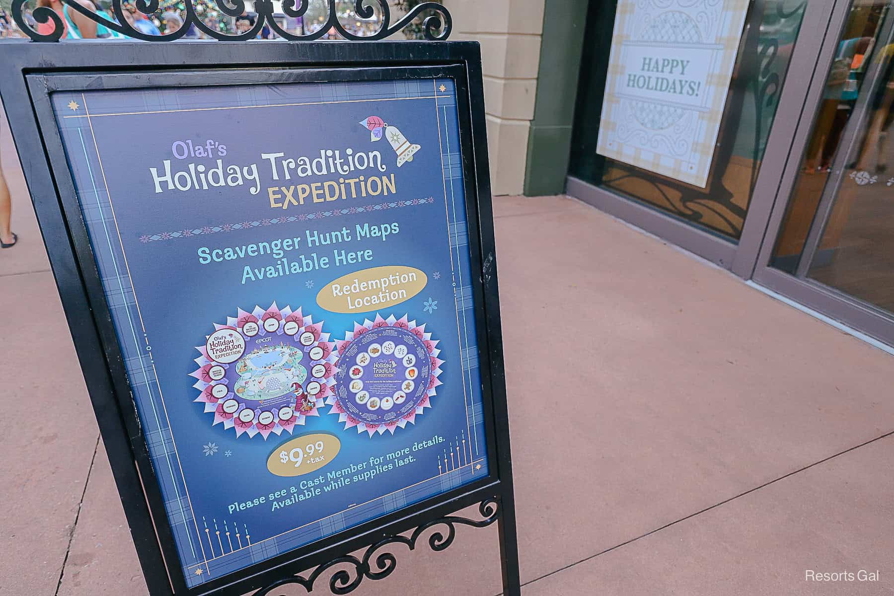 signage that shows the Olaf's Holiday Tradition Expedition during the holidays at Epcot 