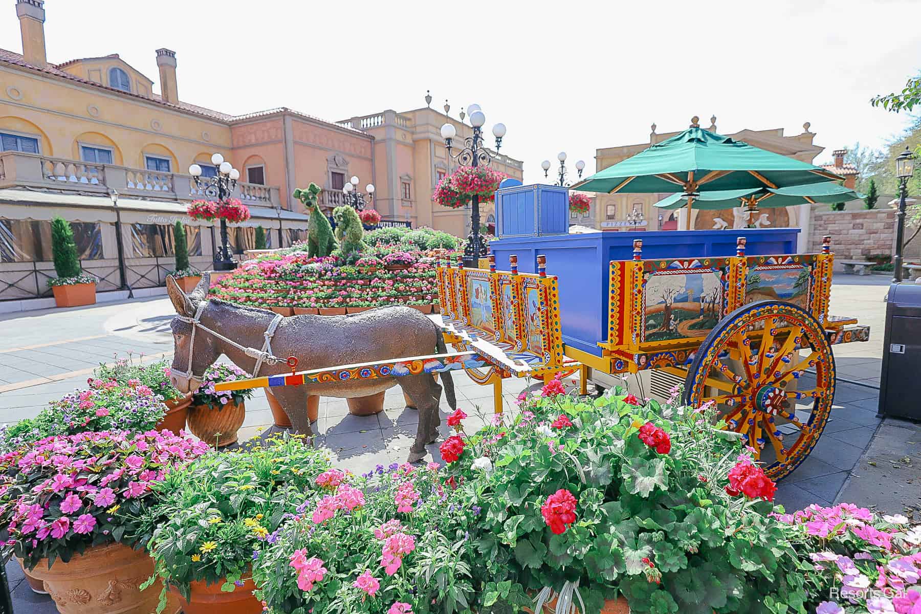 a donkey or mule cart with beverages in the Italy Pavilion 