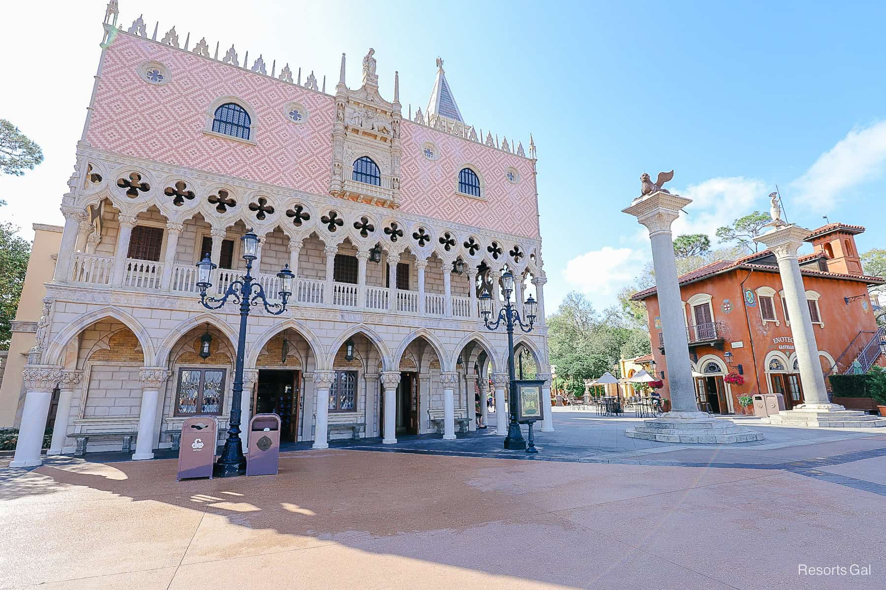 an overall view of the front of Epcot's Italy Pavilion 