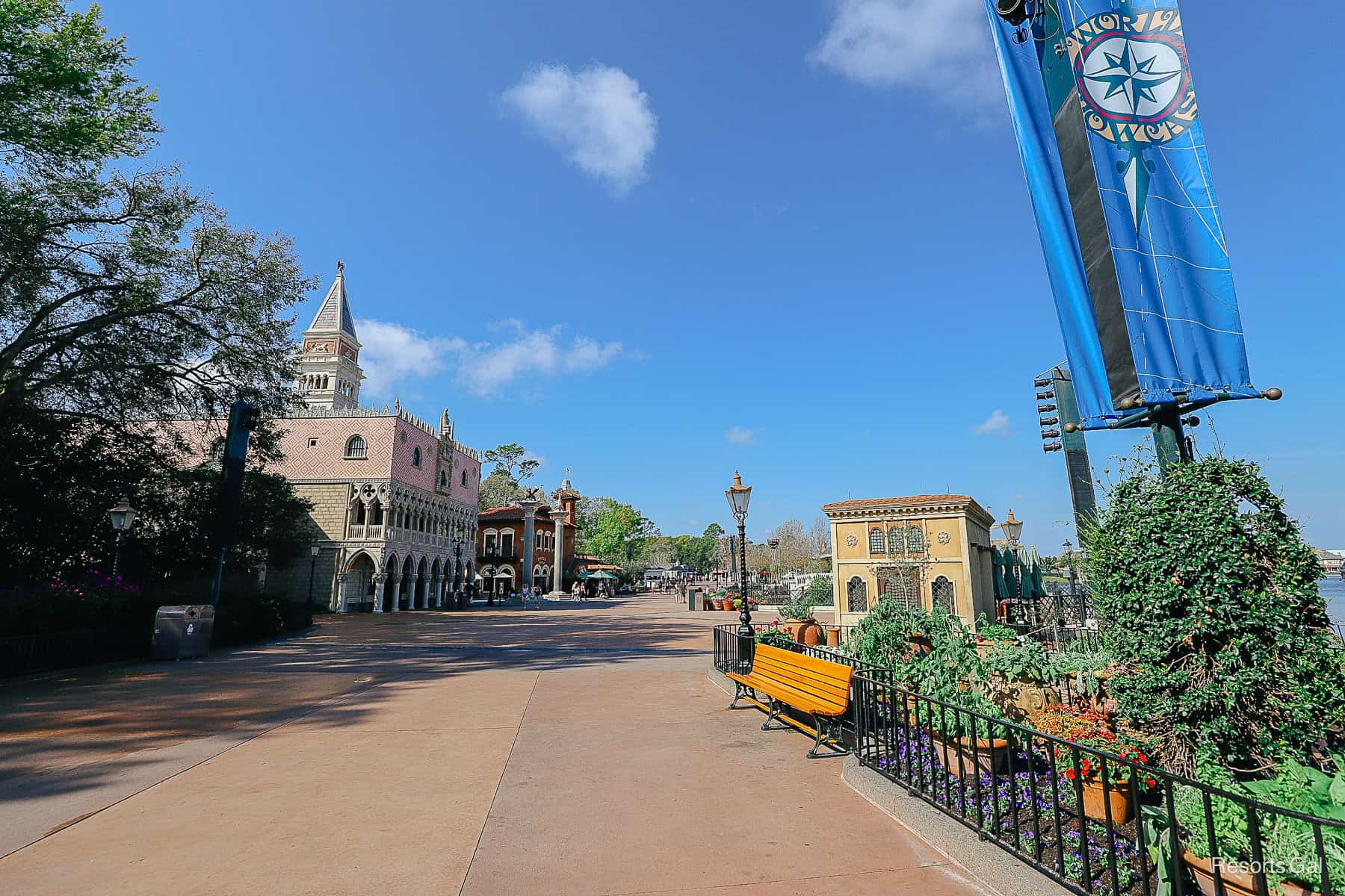 the promenade in front of the Italy Pavilion at Epcot 