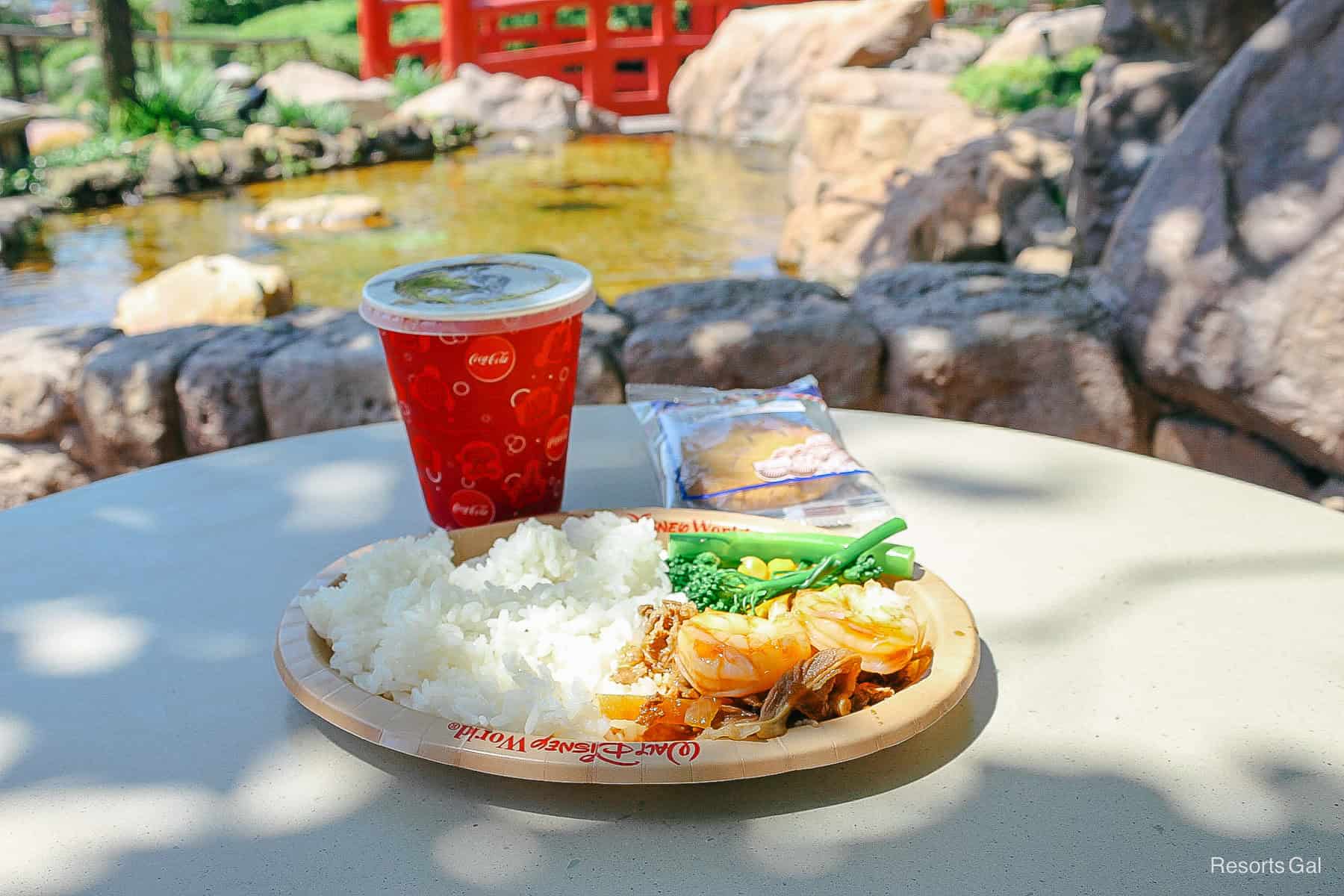 eating outside by the garden with pond 