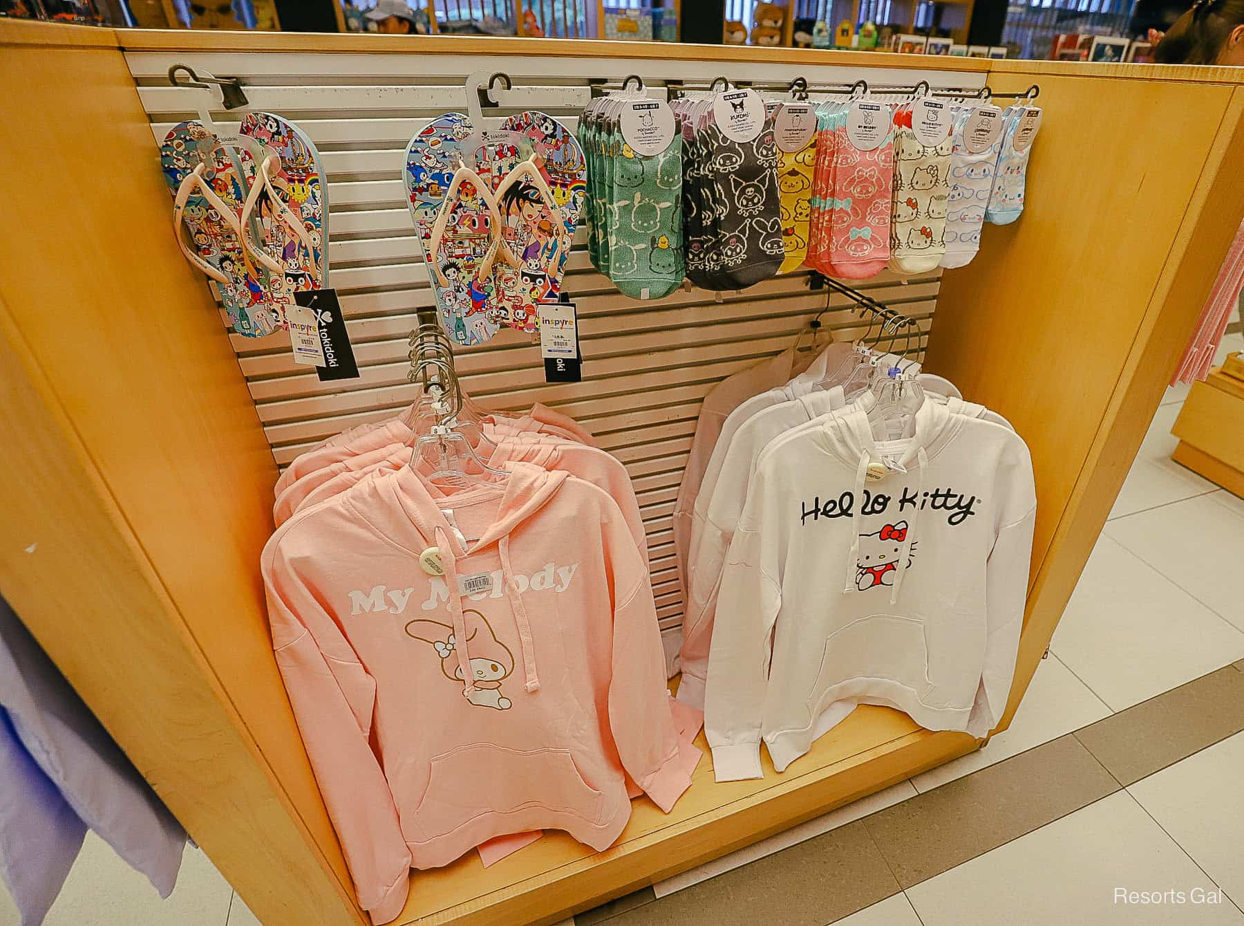 Hello Kitty sweatshirts on a display in the Mitsukoshi 