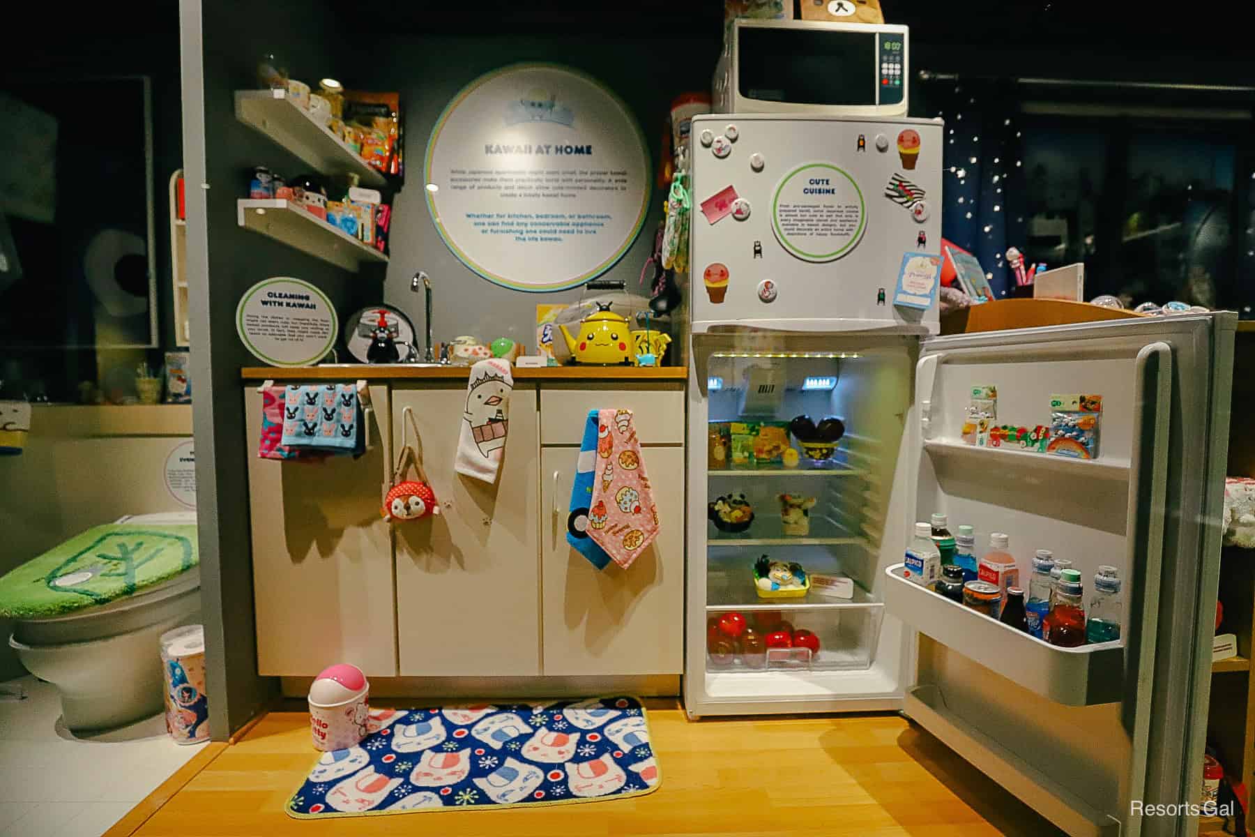 Kawaii kitchen display with refrigerator and sink and lots of "cute" accessories