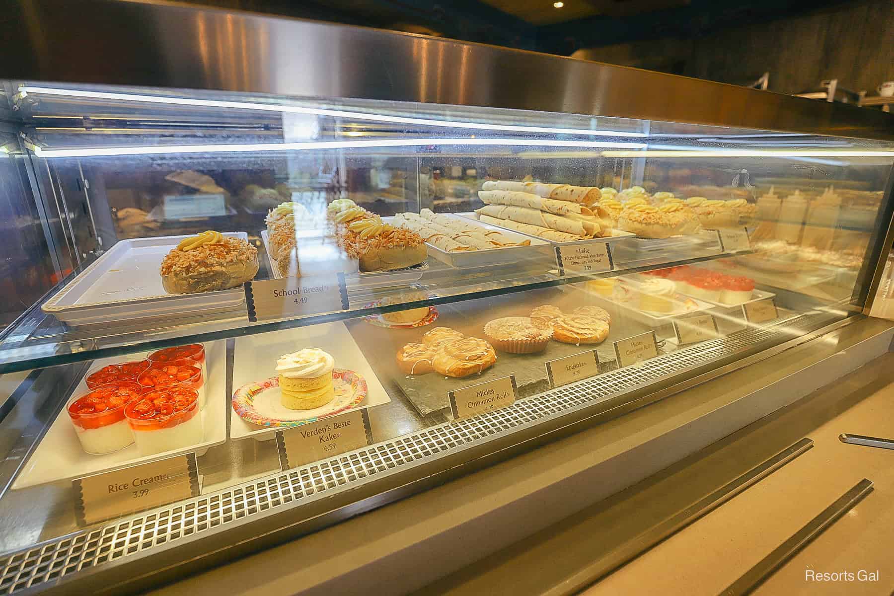 items in the bakery case at Kringla including rice cream and Mickey cinnamon rolls 