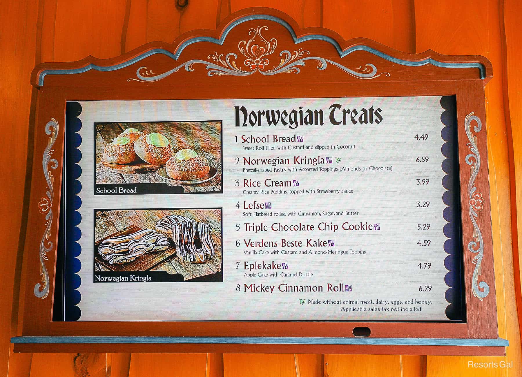 list of Norwegian Treats on the Kringla Bakery menu at Epcot's Norway Pavilion 