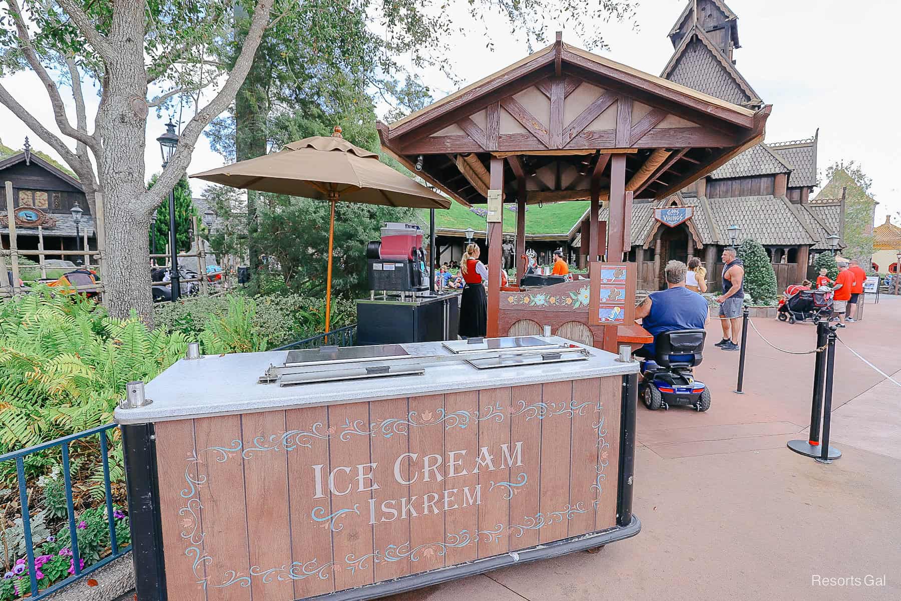 a snack and beer cart that sits toward the front of the Norway Pavilion 