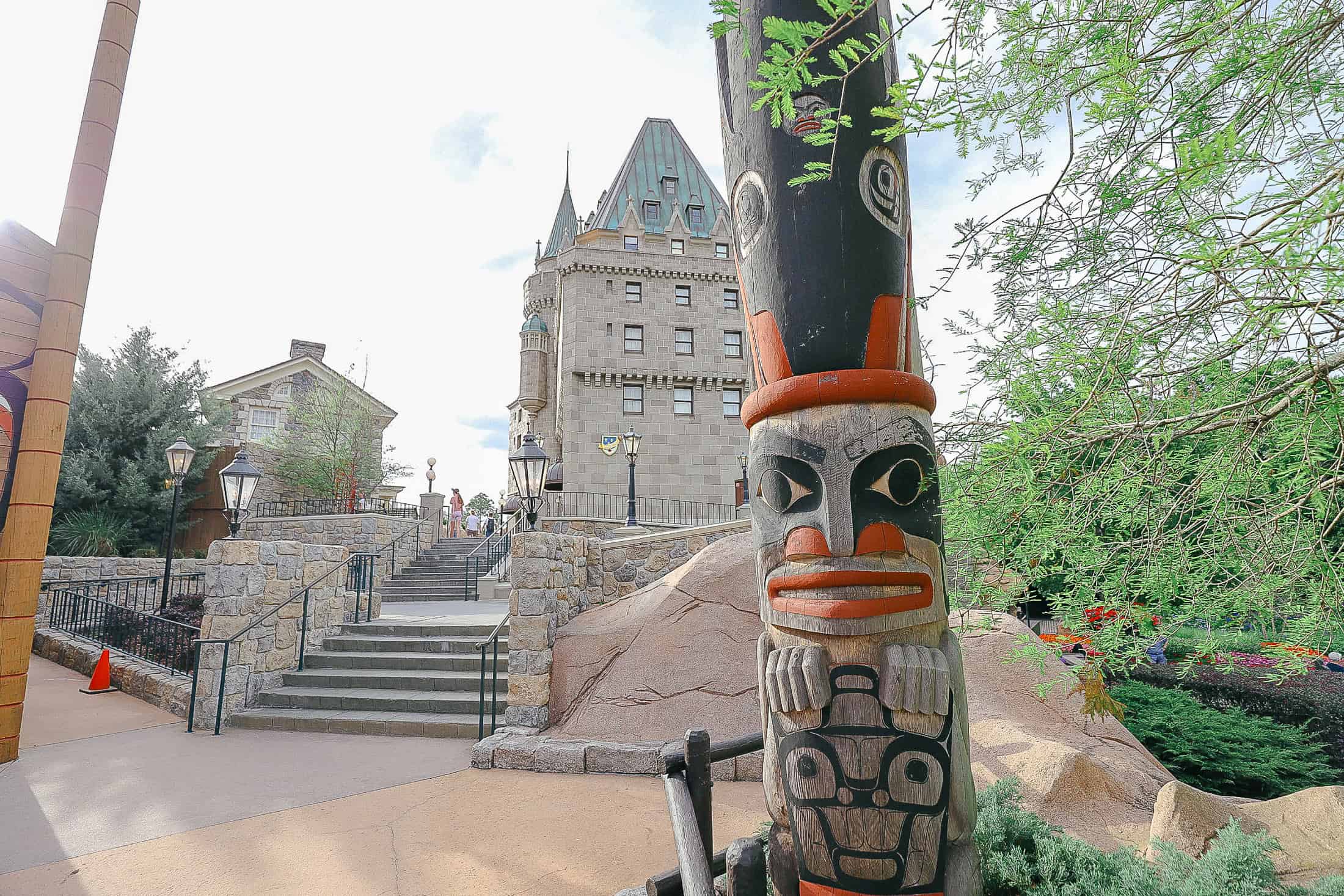 a totem pole outside Canada's Pavilion at Epcot 