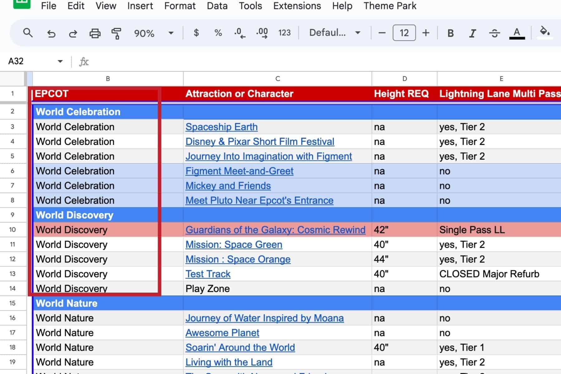 a rectangle indicates the first column that shows the different lands in Epcot 