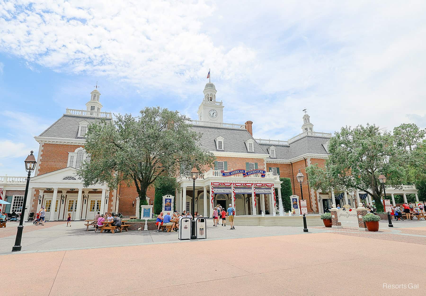 an overall view of the American Adventure Pavilion at Epcot 