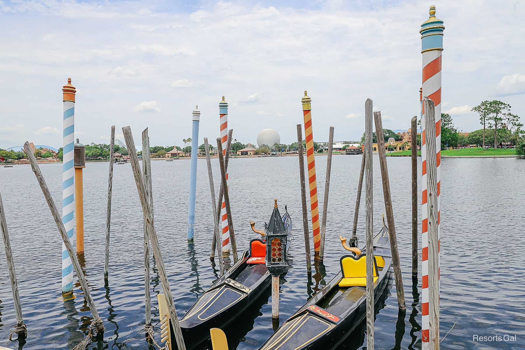 view of the World Showcase at Epcot from the Italy Pavilion's gondolas that face Spaceship Earth. 