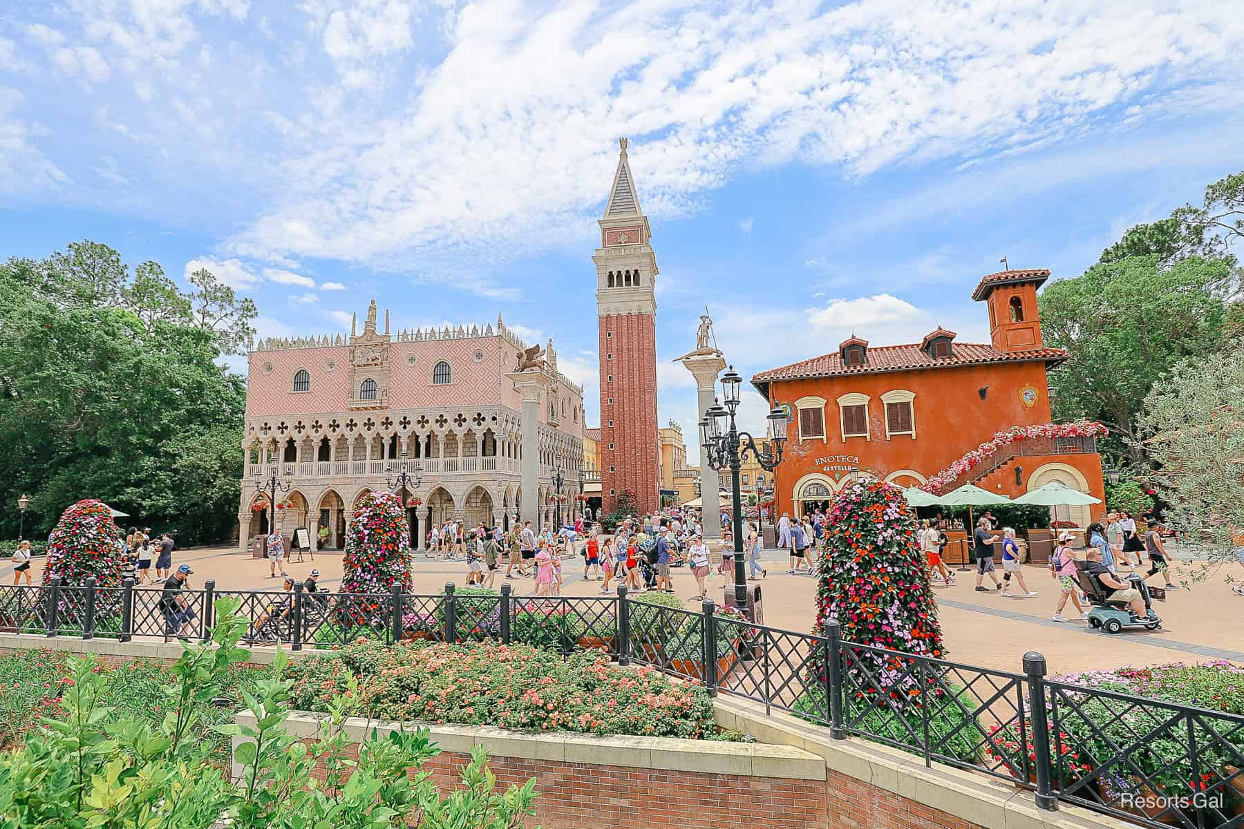 an overall view of the Italy Pavilion at Epcot 