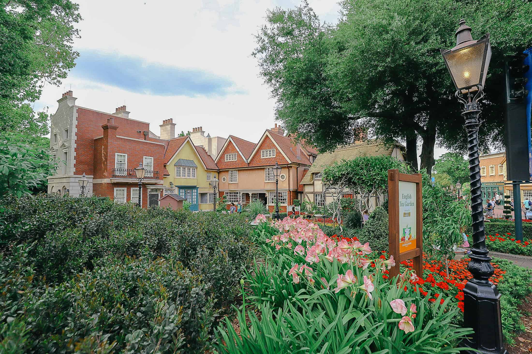 The United Kingdom Pavilion with florals and English Village.