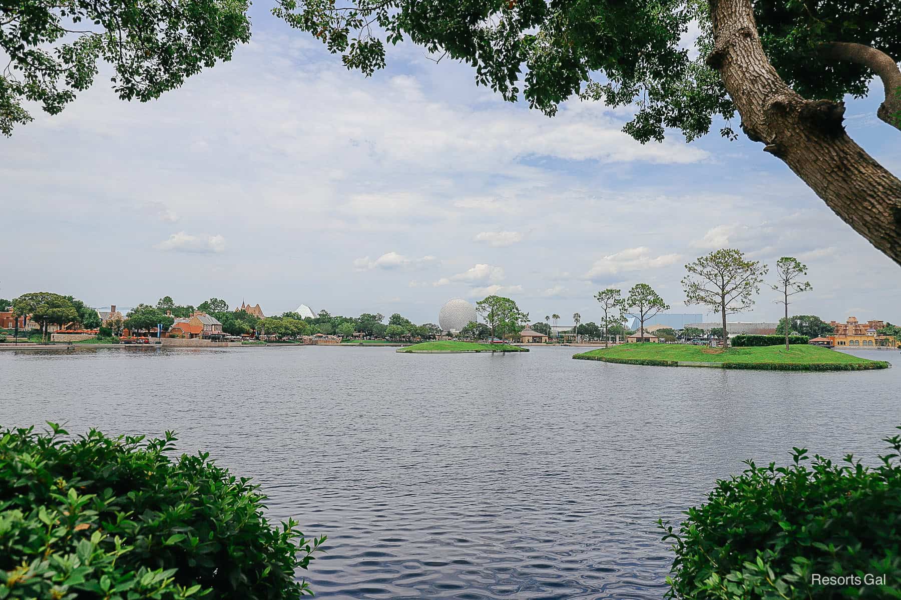 view of Spaceship Earth from the Morocco Pavilion area of the World Showcase 