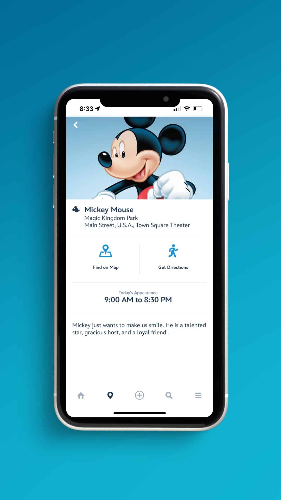 a screen that shows specific details for Mickey Mouse's meet-and-greet at Magic Kingdom 