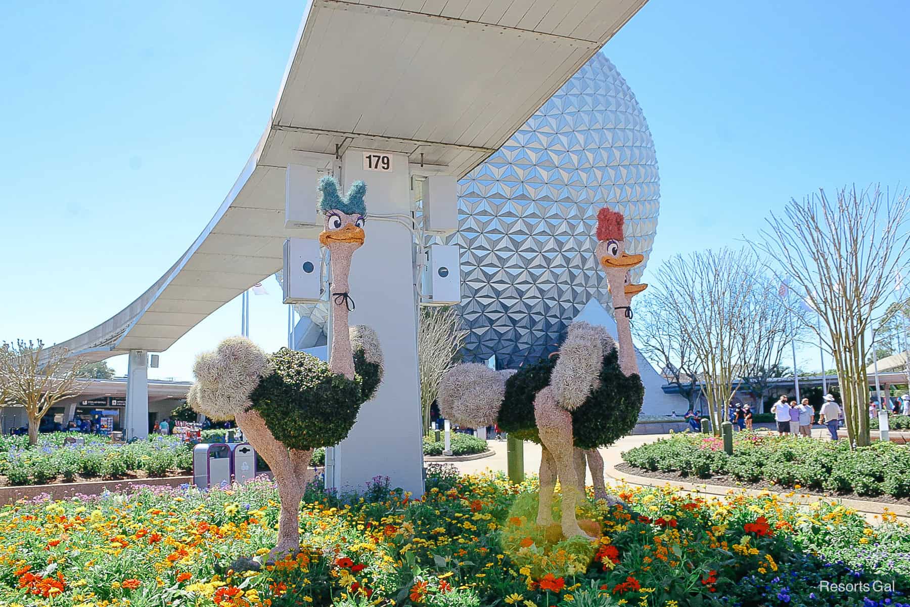 three ostriches with blue and pink bows in topiary form inspired by Fantasia