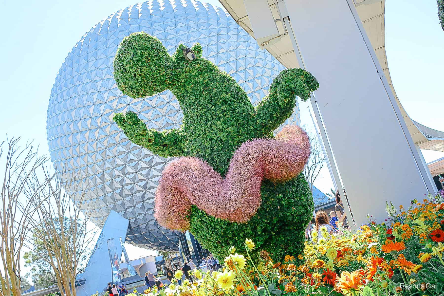 angle shot of Hyacinth Hippo topiary surrounded by marigolds 