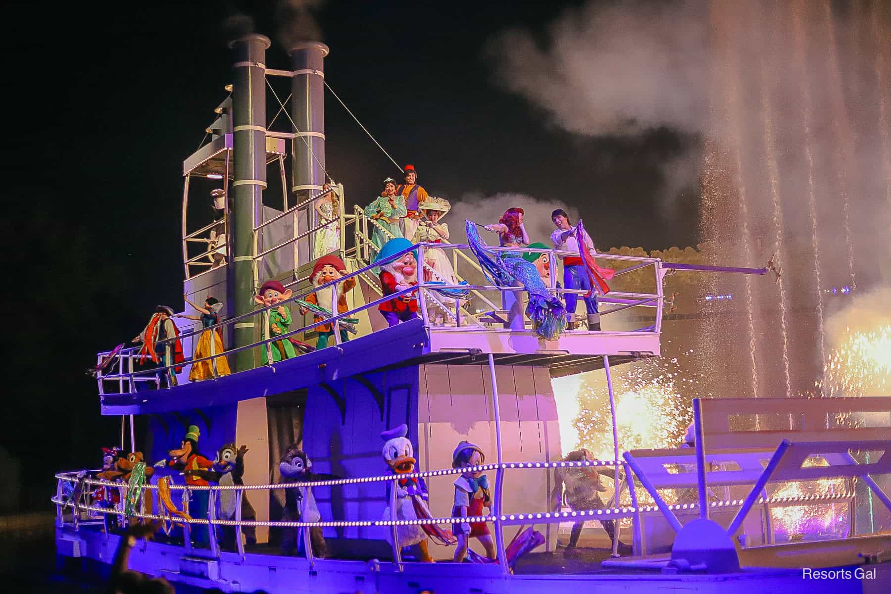 about 20 characters on the boat during Fantasmic! 