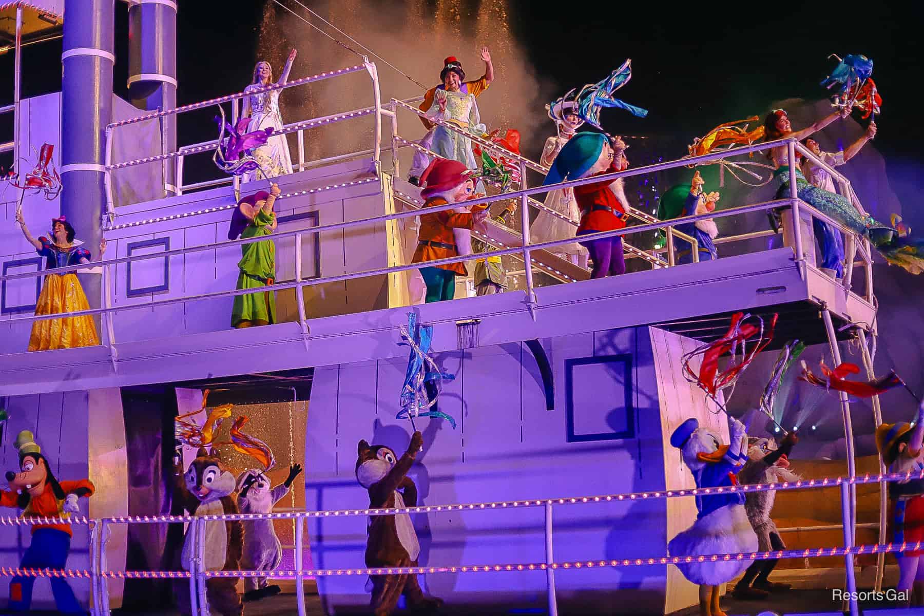 Donald Duck, Chip and Dale, Meeko and other characters during Fantasmic! 