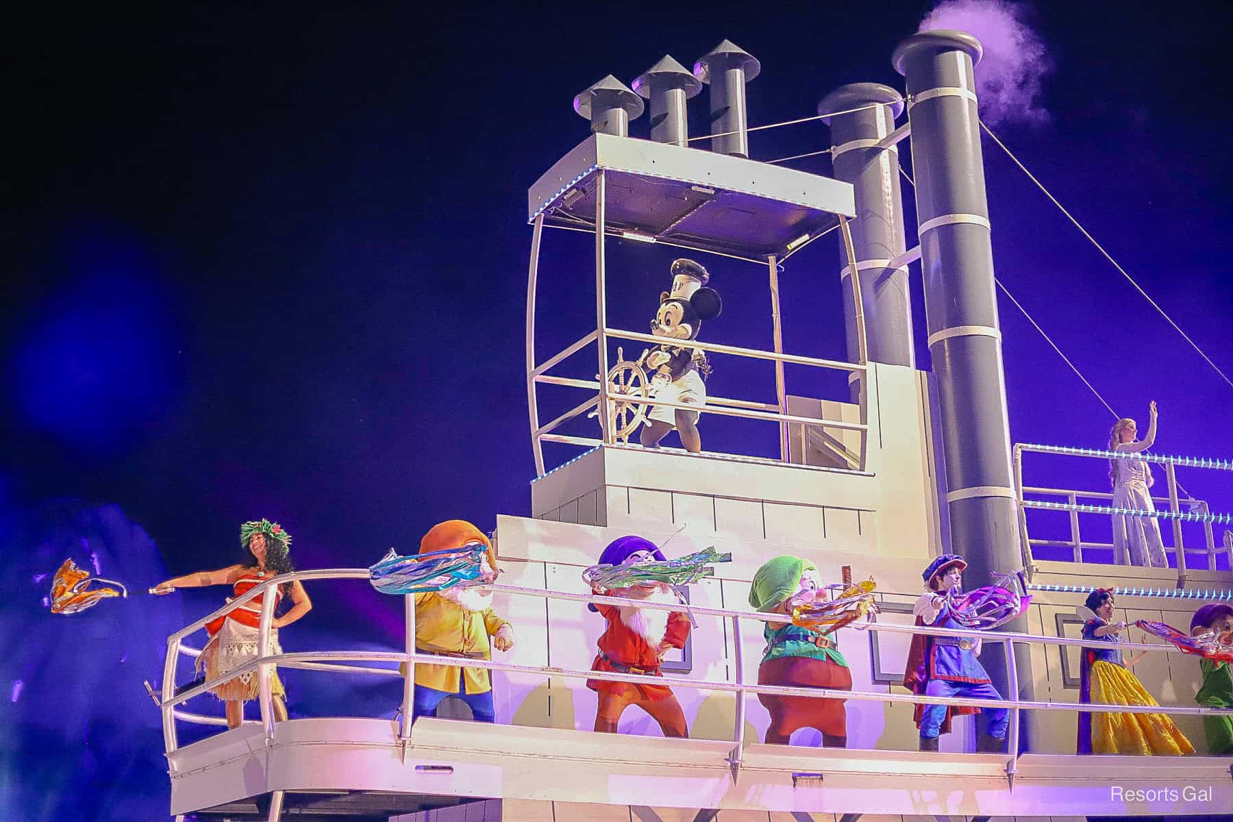 Steamboat Mickey captains the boat in Fantasmic! 