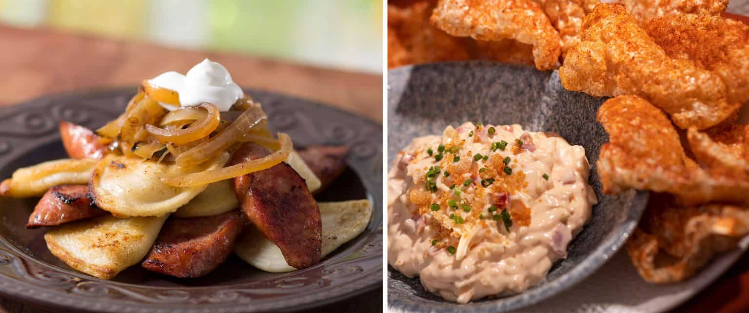 collage of Pierogis and BBQ Rinds with Pimento Cheese Dip