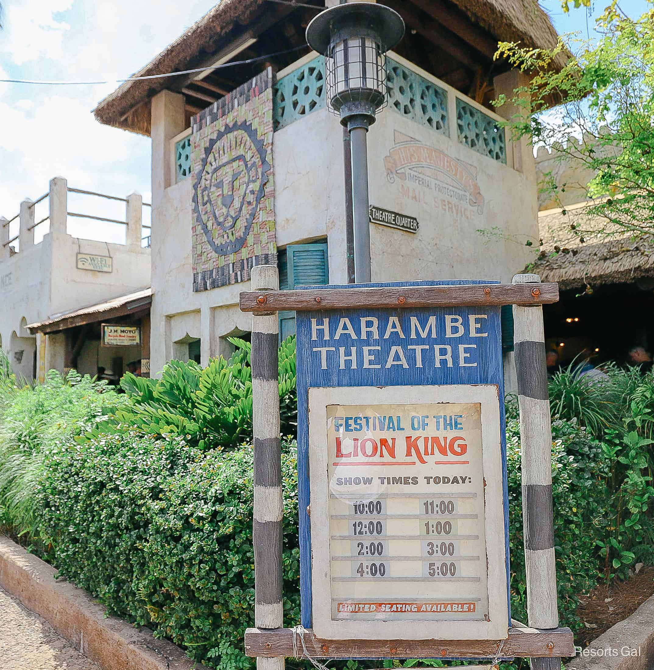 showtimes on the marquee for Festival of the Lion King at Disney's Animal Kingdom 