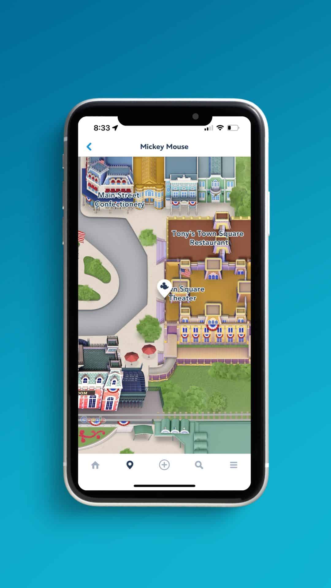 location of a character meet-and-greet zoomed in on the My Disney Experience app 