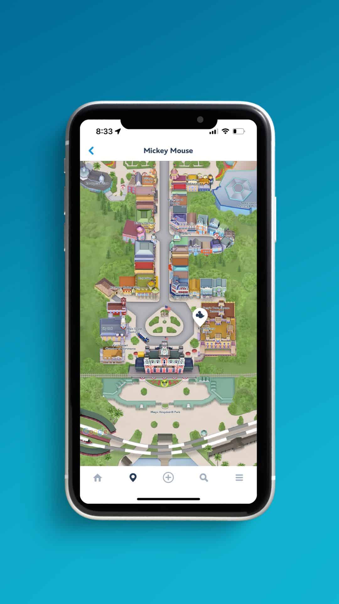 screenshot zoomed out with the location of a character meet-and-greet in the My Disney Experience app 