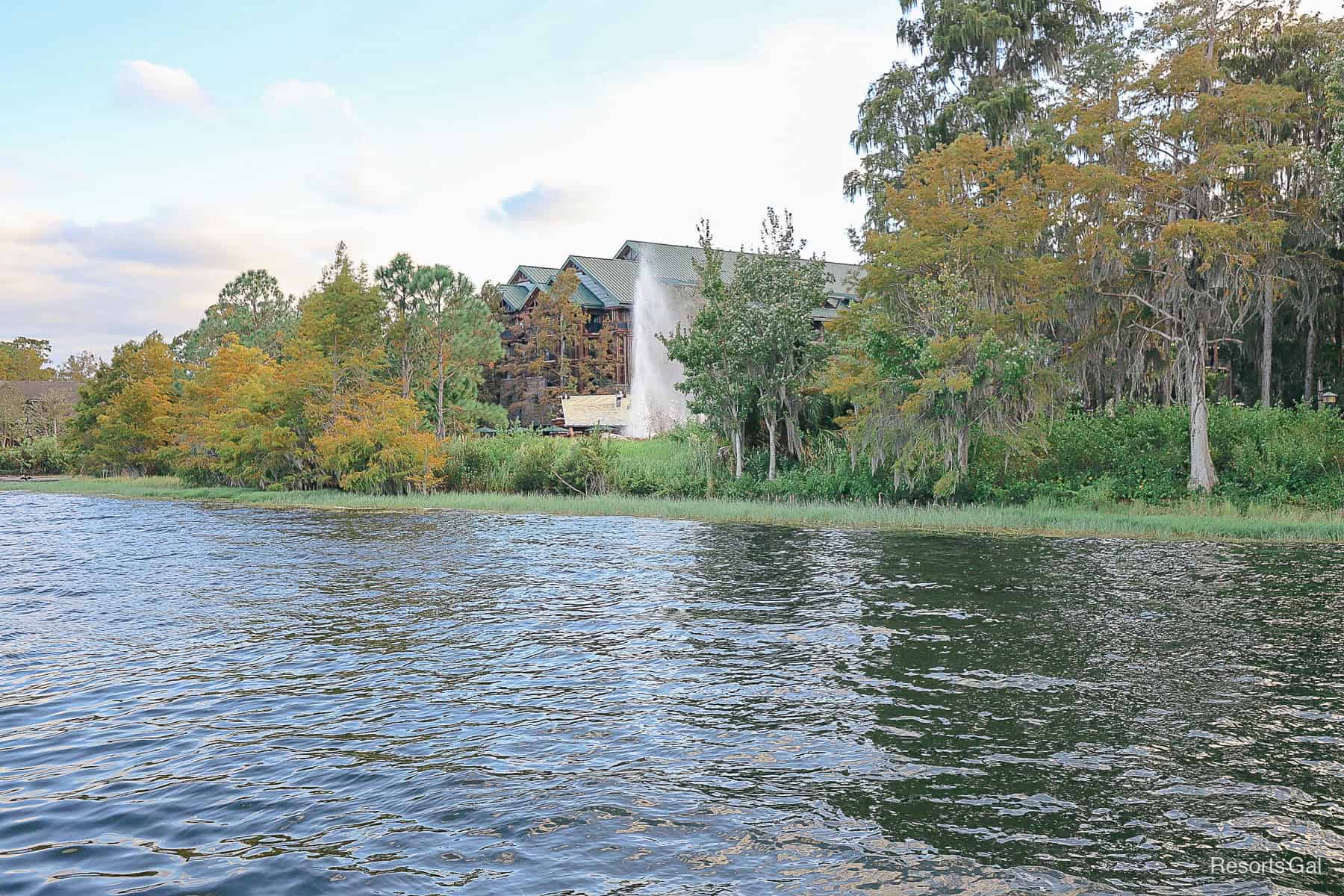 a view of Fire Rock Geyser from a resort boat 