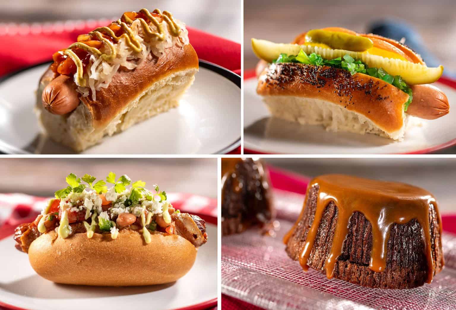 collage of hot dogs from various regions of the US and chocolate pudding at the 2024 Epcot Food and Wine Festival 