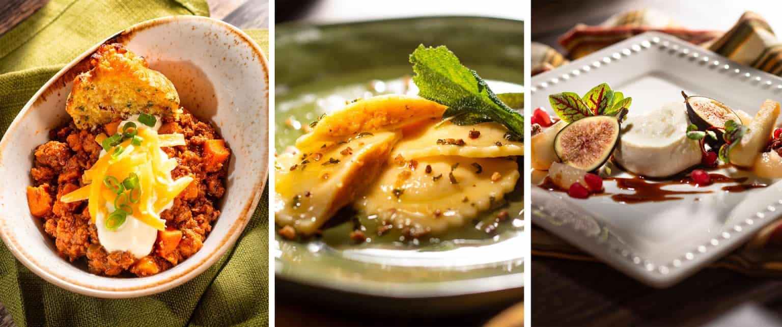 collage of Autumn Chili, Pumpkin Ravioli, Burrata 2024 Epcot International Food and Wine Festival Menu items 